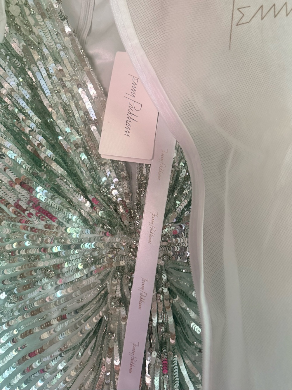 Jenny Packham Mint Green Sequin Draped Evening Gown - Picture 10 of 13